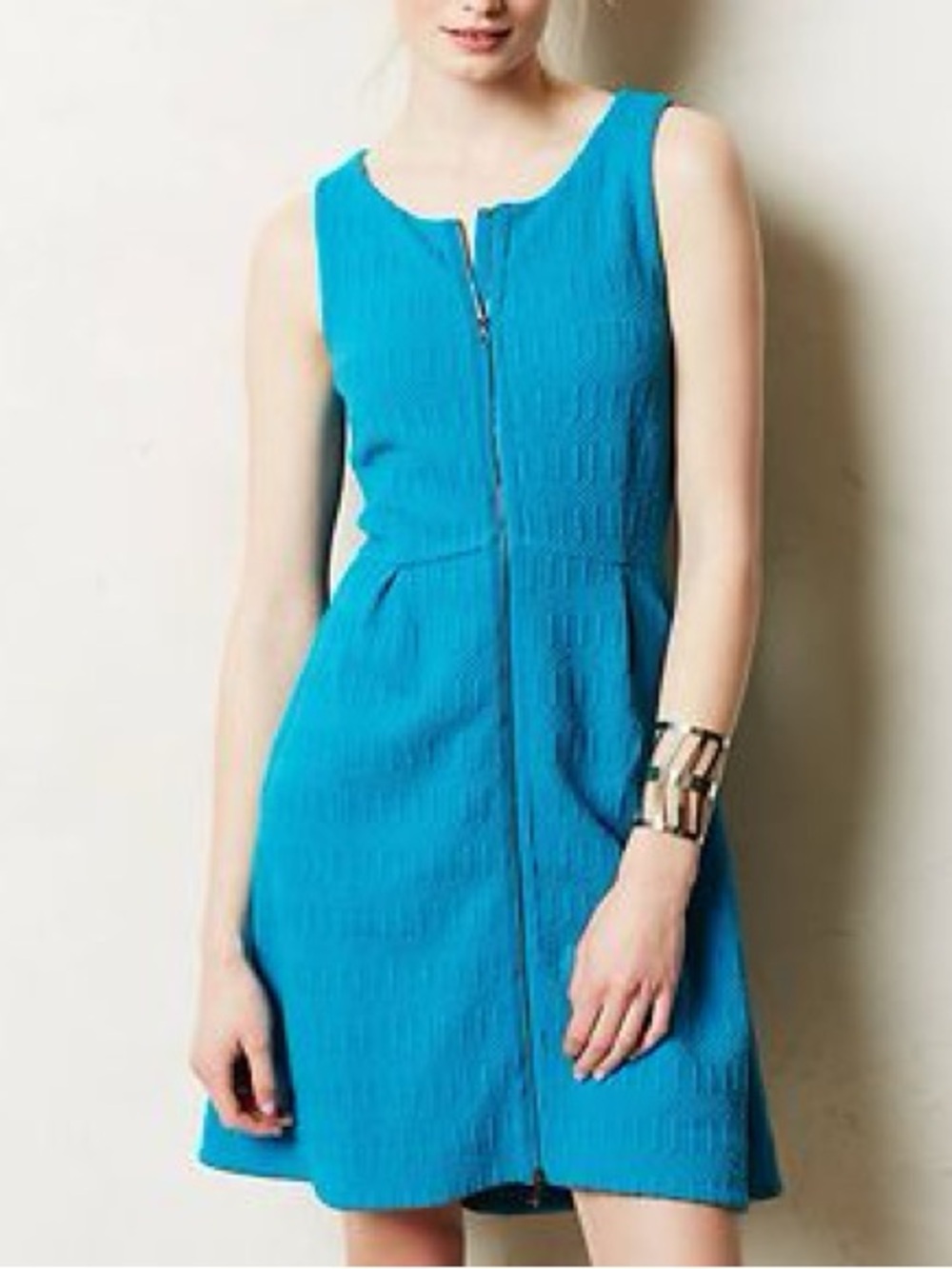 LEIFSDOTTIR Tonnelle Textured Bright Turquoise Sleeveless Zip-Front Mini Dress